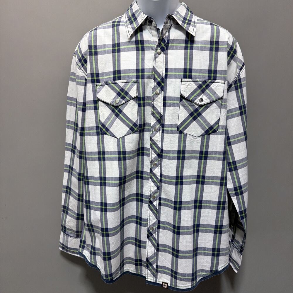 Men's NEW COWBOY UP Size Large Green/White/Blue Classic Fit Pearl Snap LS Shirt